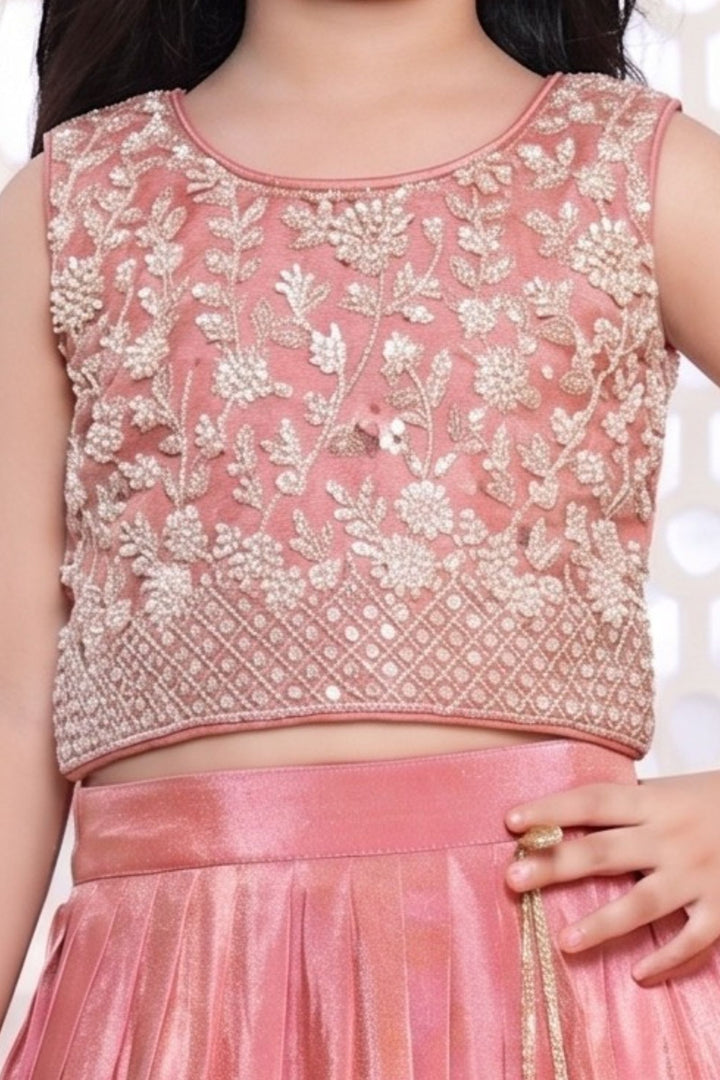 Peach Beads, Sequins and Thread work Lehenga Choli for Girls