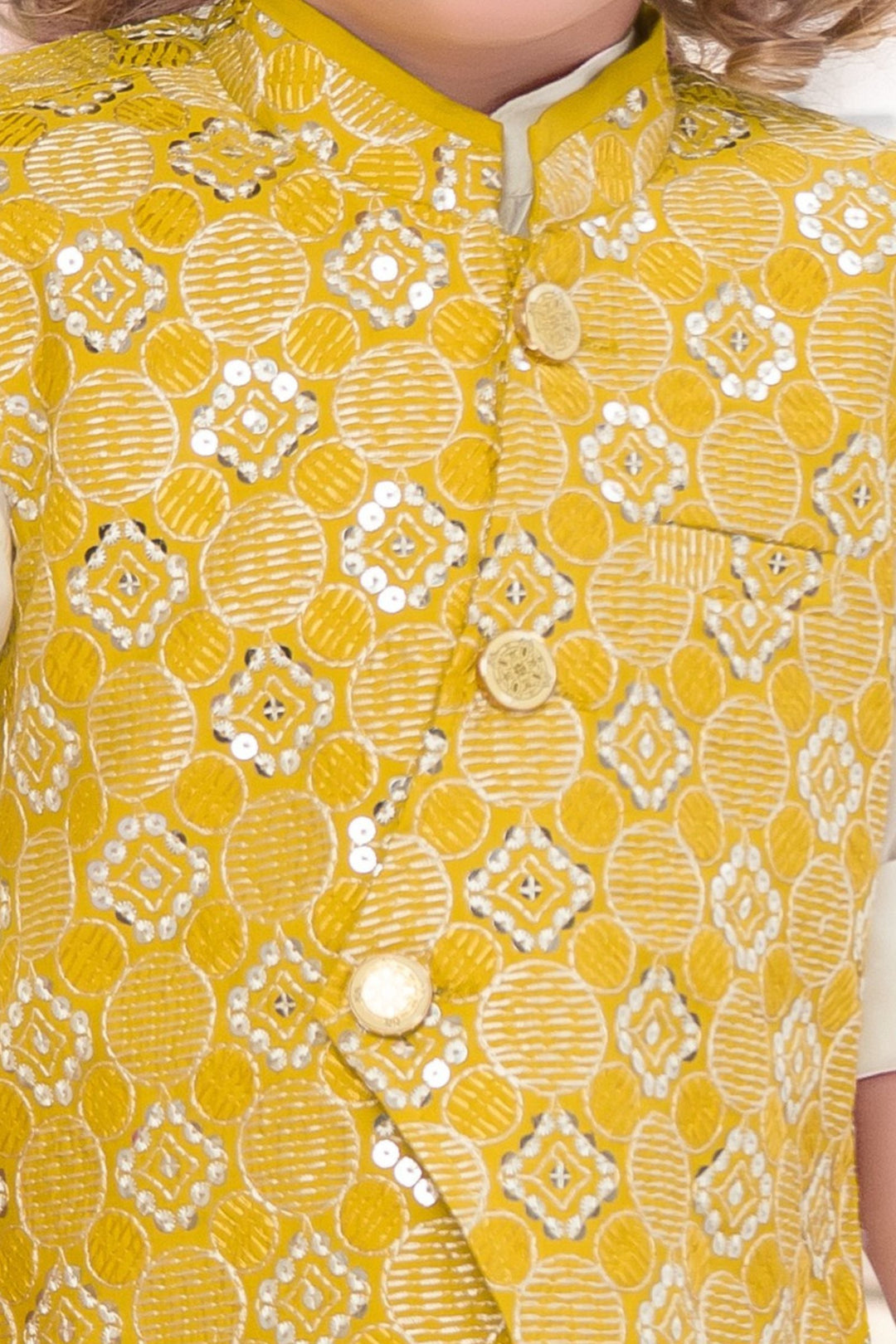 White with Yellow Thread and Sequins work Waist Coat Kurta Set for Boys
