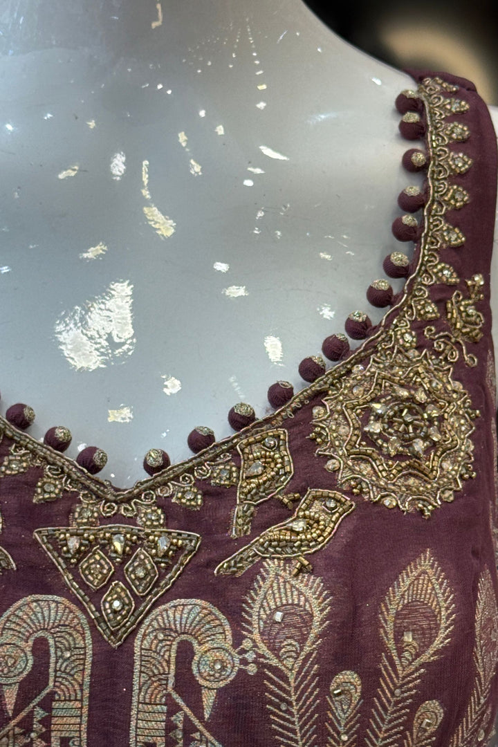 Light Wine Banaras, Stone, Zardozi and Beads work Palazzo Salwar Suit