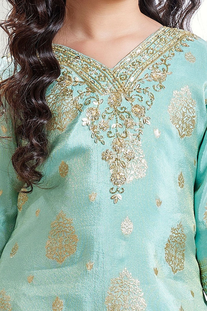 Aqua Blue Zardozi, Beads and Zari work Sharara Suit Set for Girls