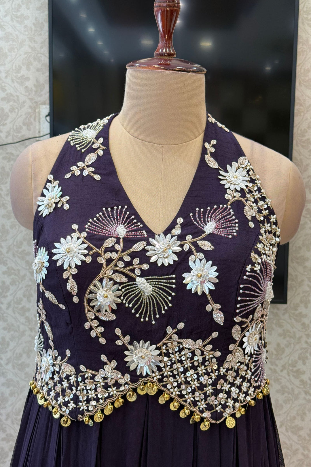 Wine Beads and Zari work Halter Neck Floor Length Anarkali Suit