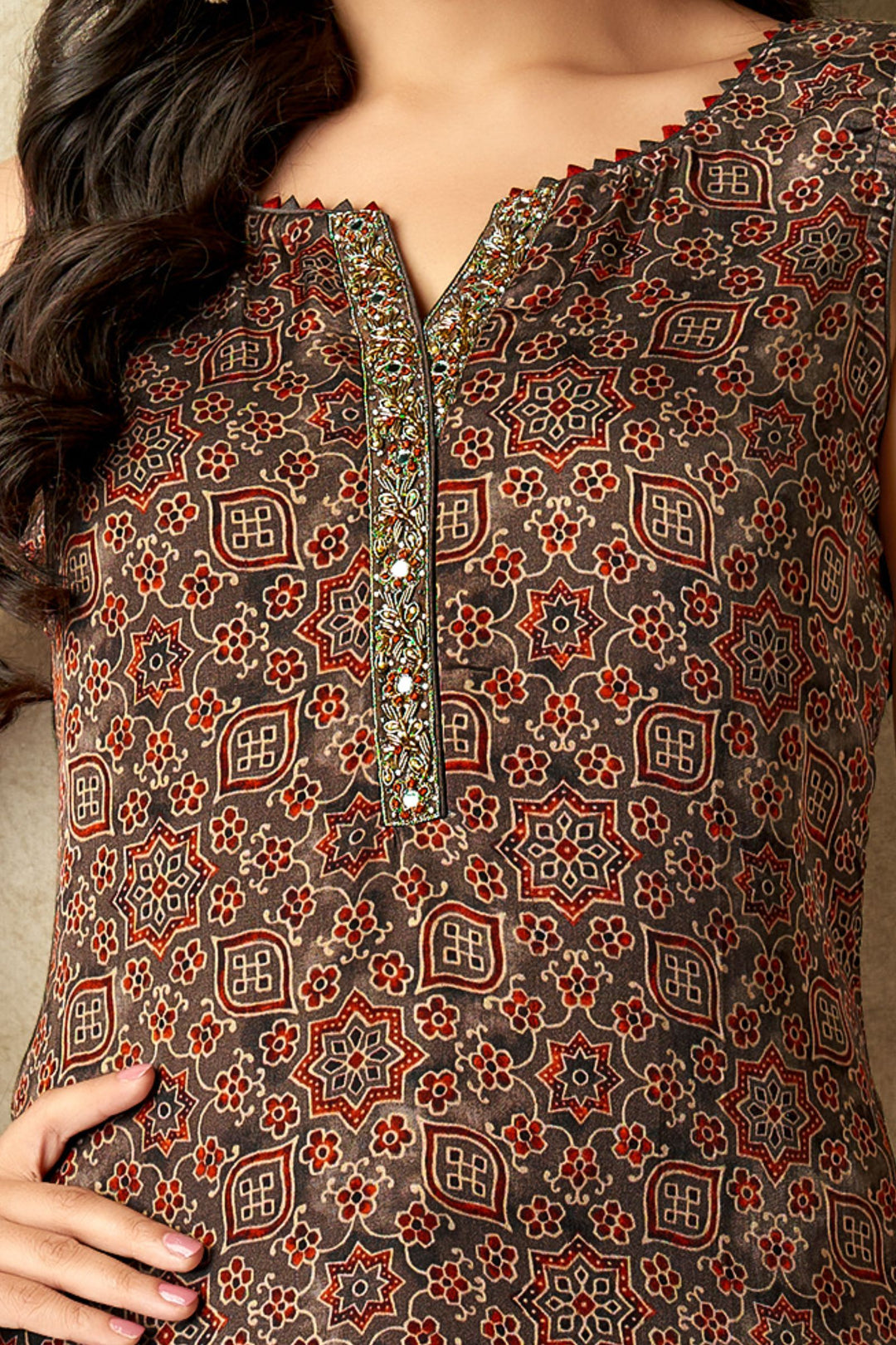 Brown Zardozi, Mirror, Stone and Beads work with Ajrakh Print Straight Cut Salwar Suit