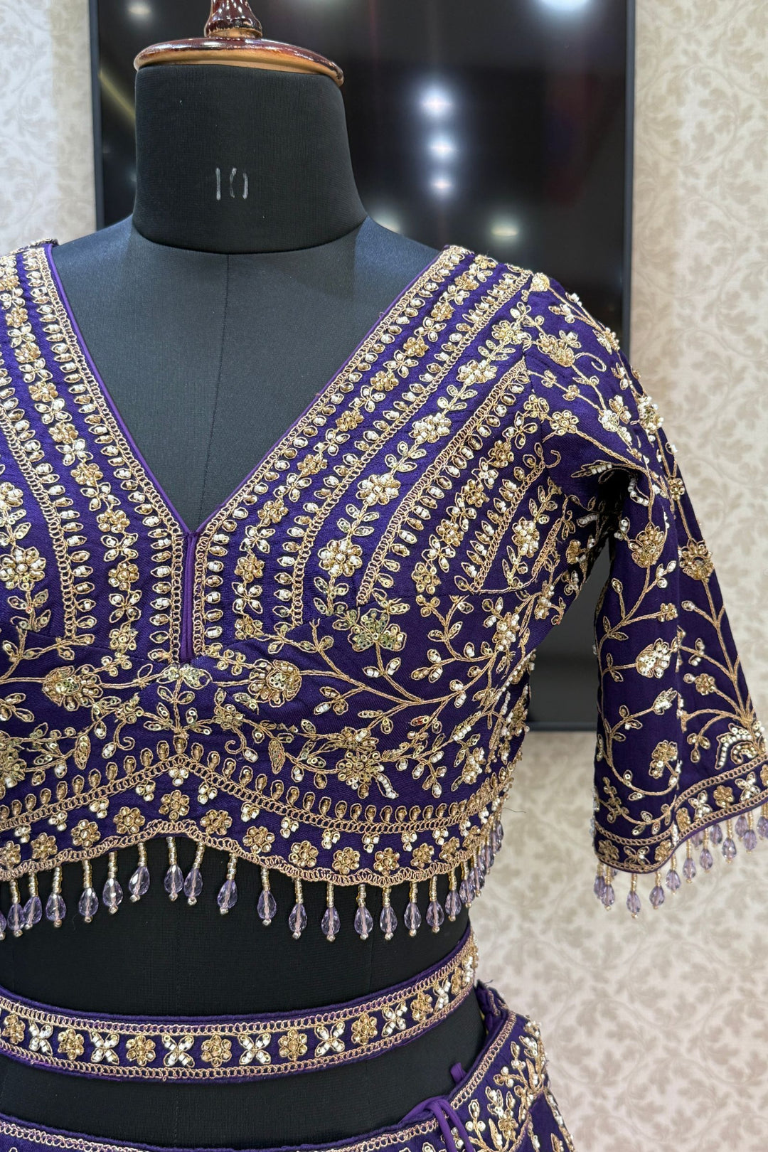 Purple Beads, Zari, Zardozi and Sequins work Crop Top Designer Bridal Lehenga with Belt