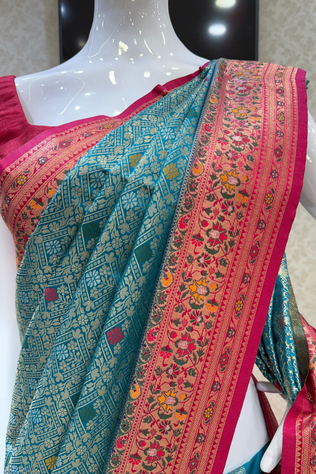Rama Blue with Rani Pink Banaras work Saree