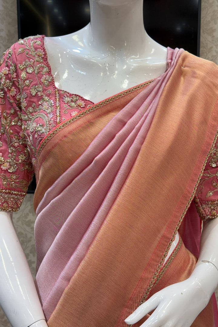 Baby Pink Saree with Beads, Sequins, Zardozi and Zari work Readymade Blouse