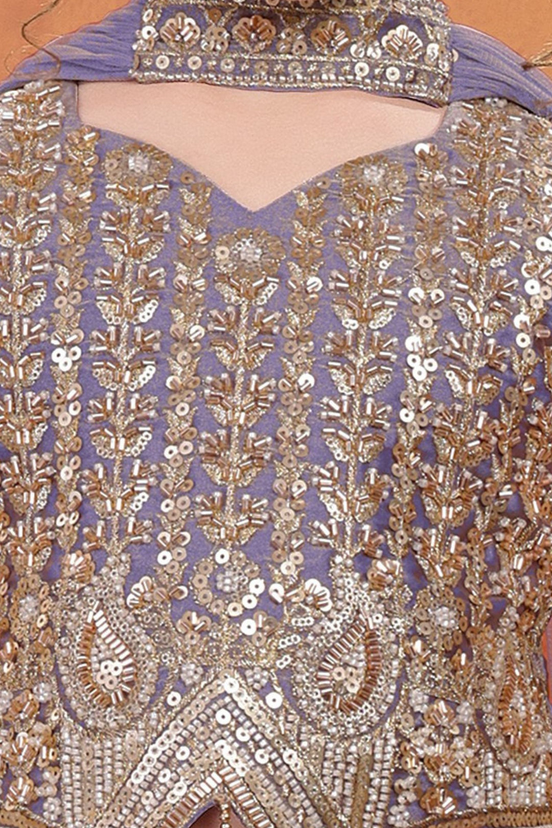 Lilac Beads, Sequins and Zari work Palazzo Suit Set for Girls