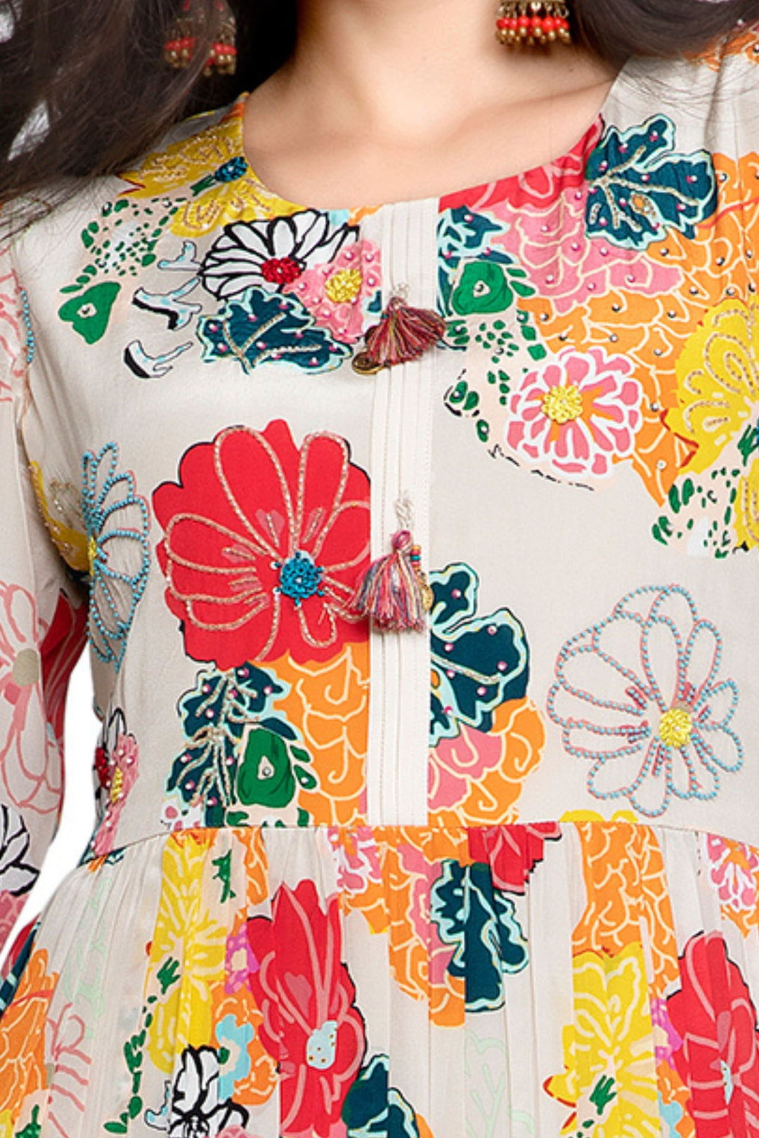 Beige Beads, Thread and Sequins work with Floral Print Anarkali Styled Long Kurti