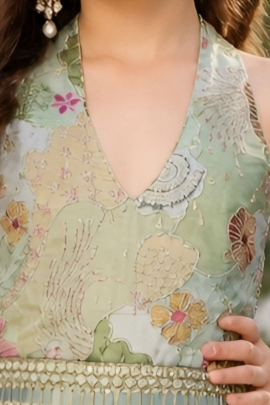 Sea Green Zari, Mirror and Sequins work with Floral Print Long Jumpsuit for Girls