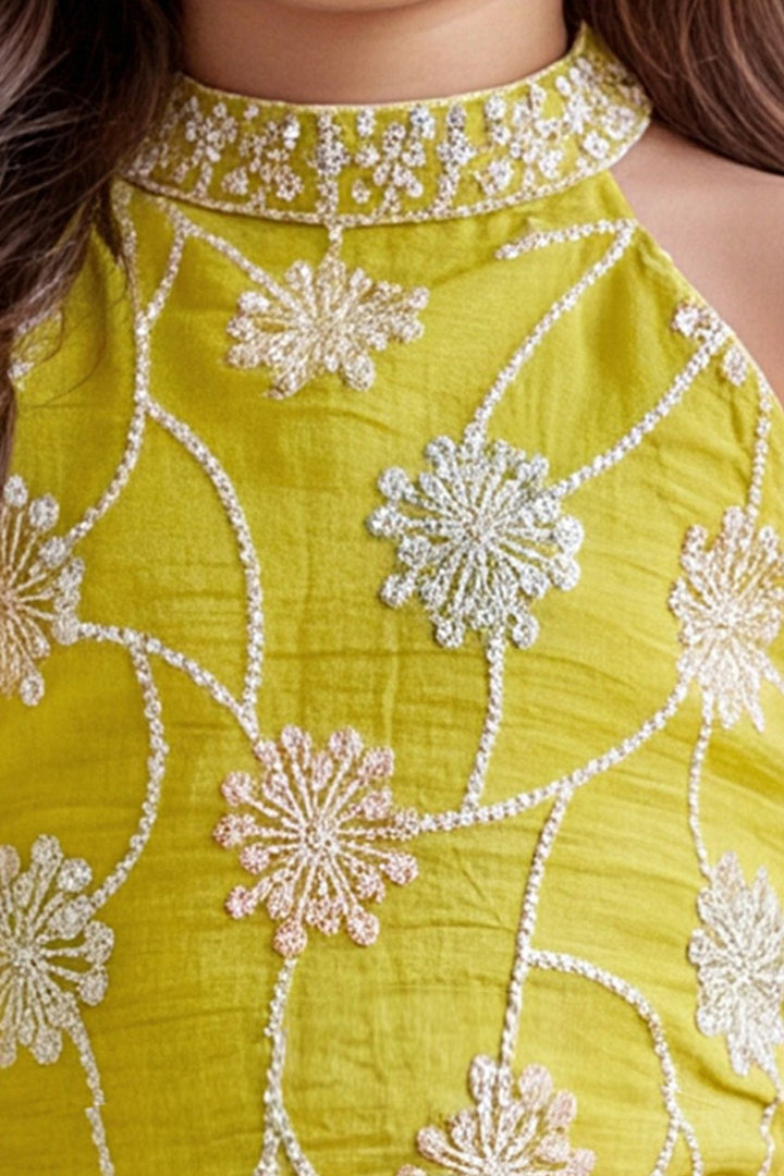 Lemon Green Thread and Sequins work Palazzo Set for Girls
