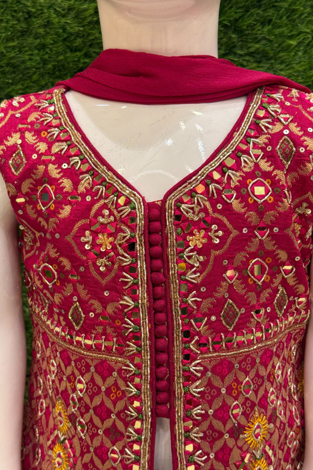 Dark Pink Zari, Mirror, Sequins and Beads work Sharara Suit Set for Girls