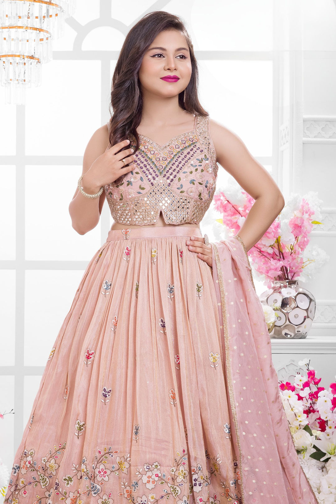 Peach Mirror, Zari, Sequins, Beads and Zardozi work Lehenga Choli for Girls
