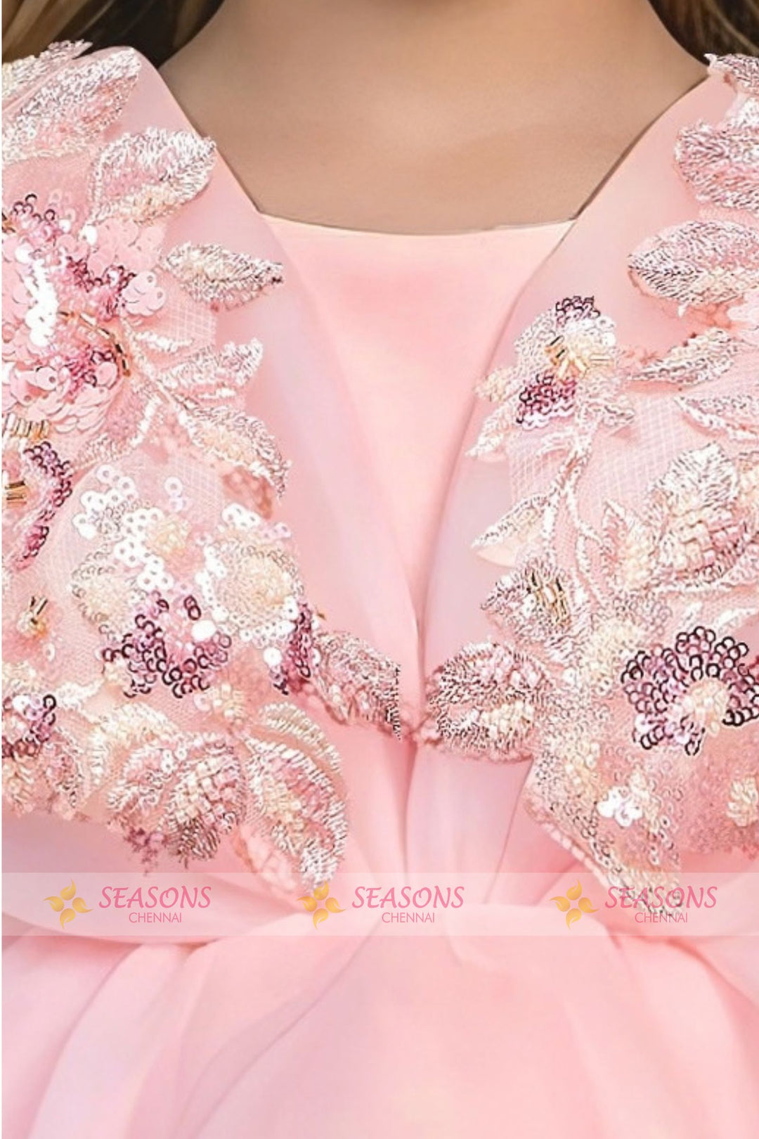 Baby Pink Sequins and Beads work Tail Cut Double Layered Partywear Frock for Girls