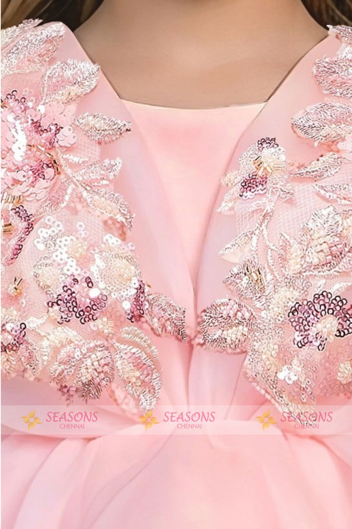 Baby Pink Sequins and Beads work Tail Cut Double Layered Partywear Frock for Girls