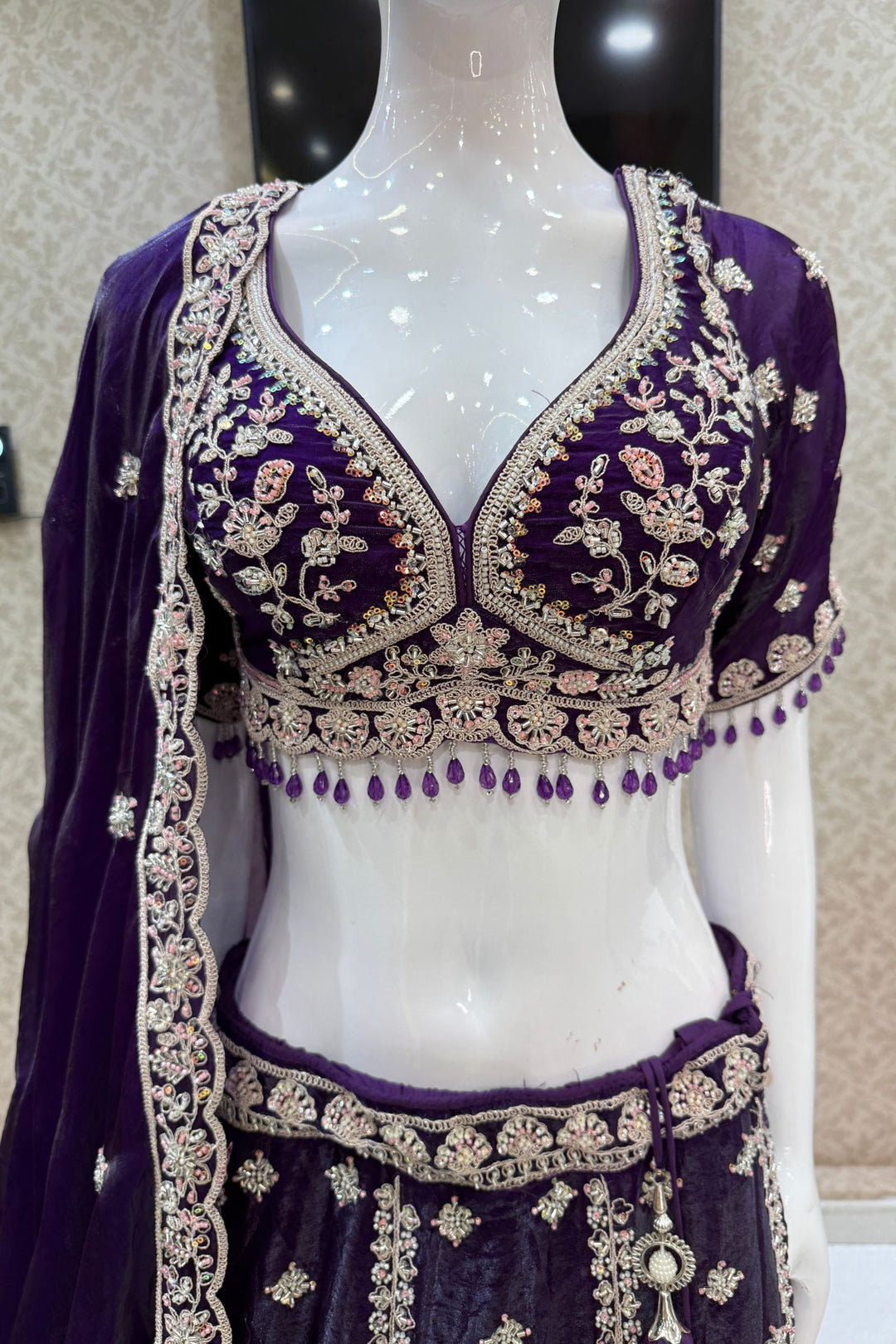 Purple Beads, Zari, Thread and Sequins work Crop Top Bridal Lehenga
