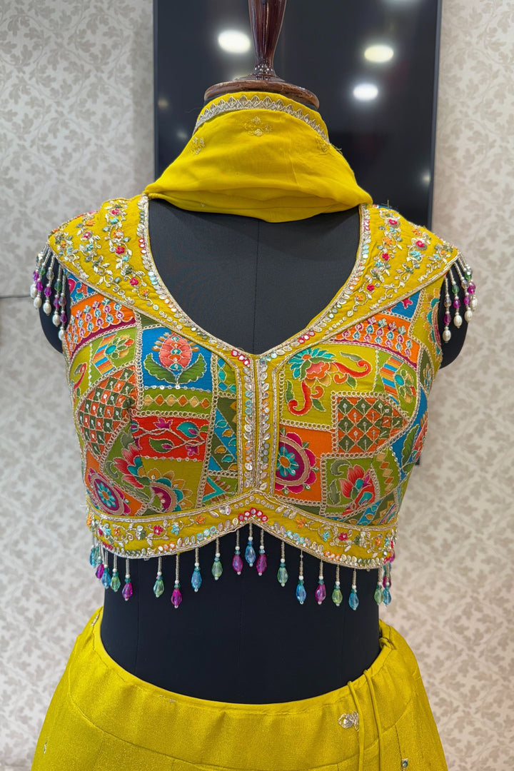 Liril Green Zardozi, Stone and Beads work with Multicolor Digital Print Crop Top Lehenga