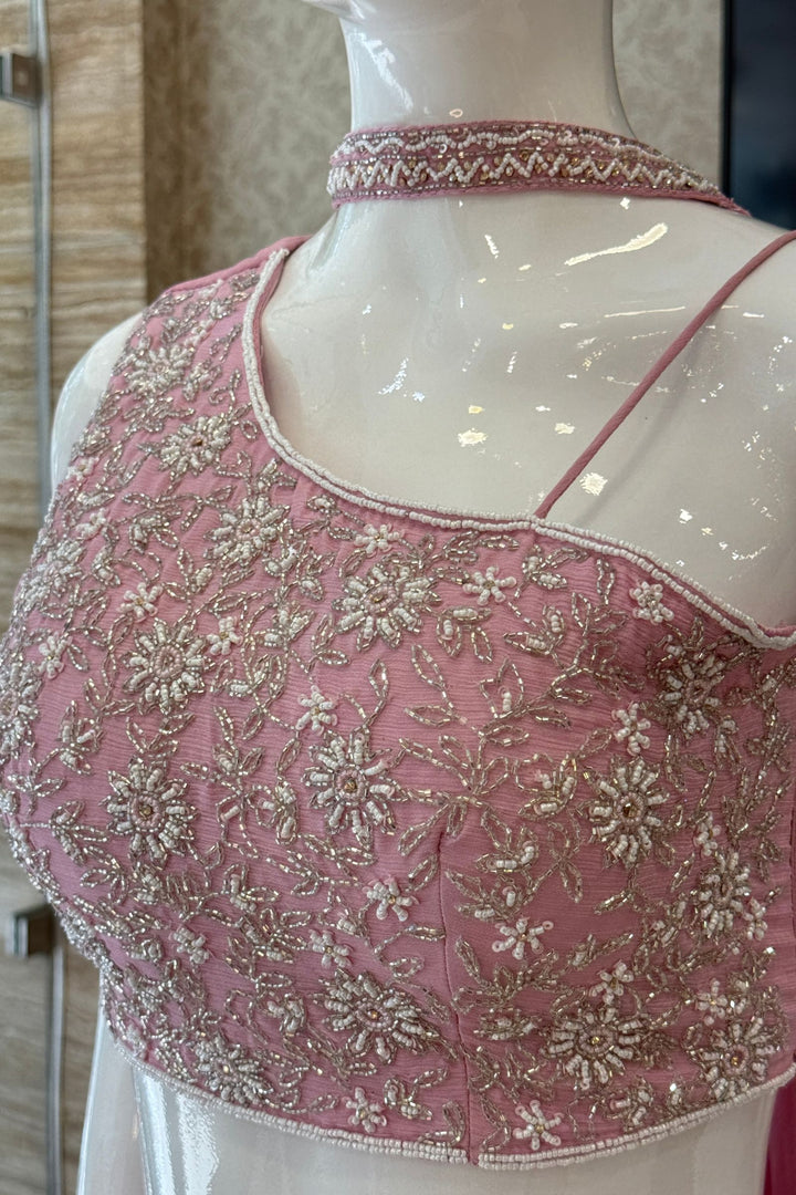 Baby Pink Beads and Stone work Indo-Western Palazzo Set with One-Shoulder Top
