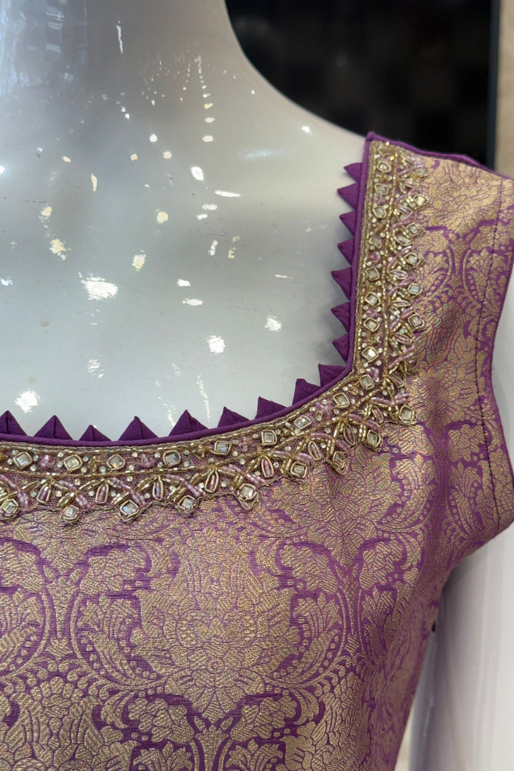 Lavender Beads, Mirror, Stone, Banaras and Brocade work Straight Cut Salwar Suit