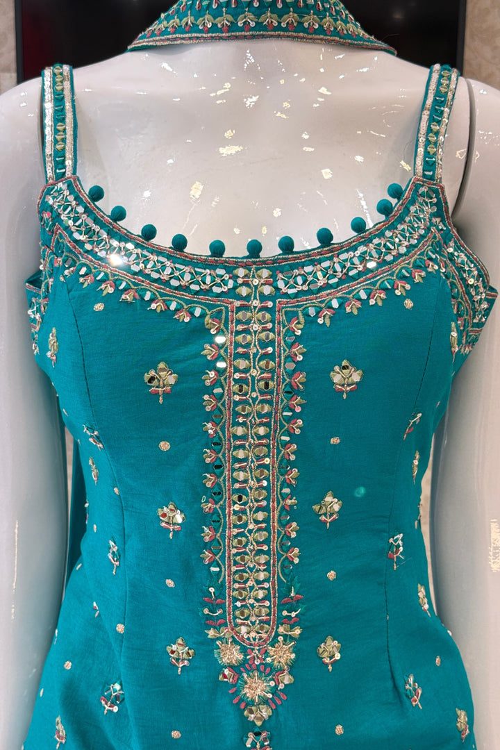Mirror, Sequins, Zardozi and Thread Detail on Rama Blue Festive Kurta with Palazzo Set