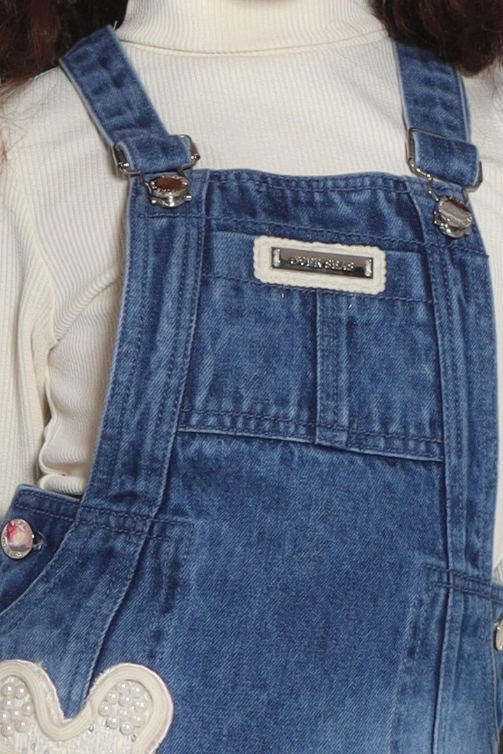 Denim Blue Dungaree with Cream Top for Girls