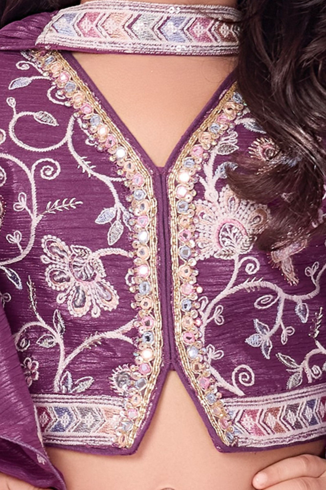 Light Purple Thread, Sequins, Mirror and Beads work Choli and Palazzo Set for Girls