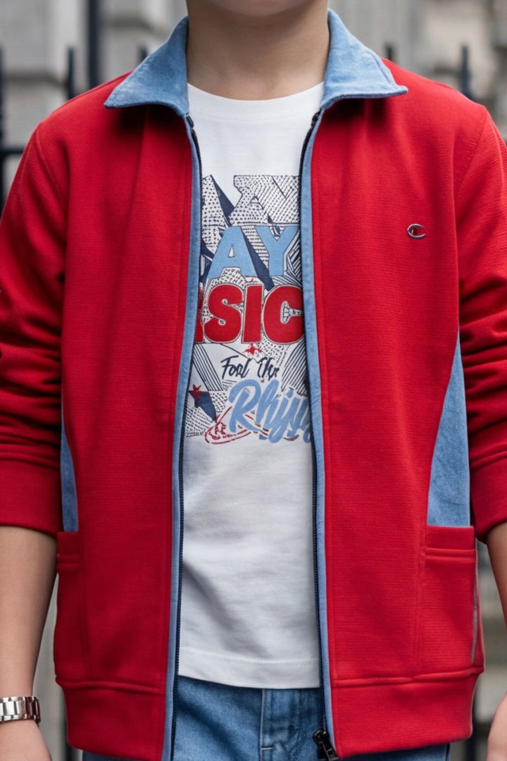 Red with Blue Blazer, Printed T-Shirt and Pant Set for Boys