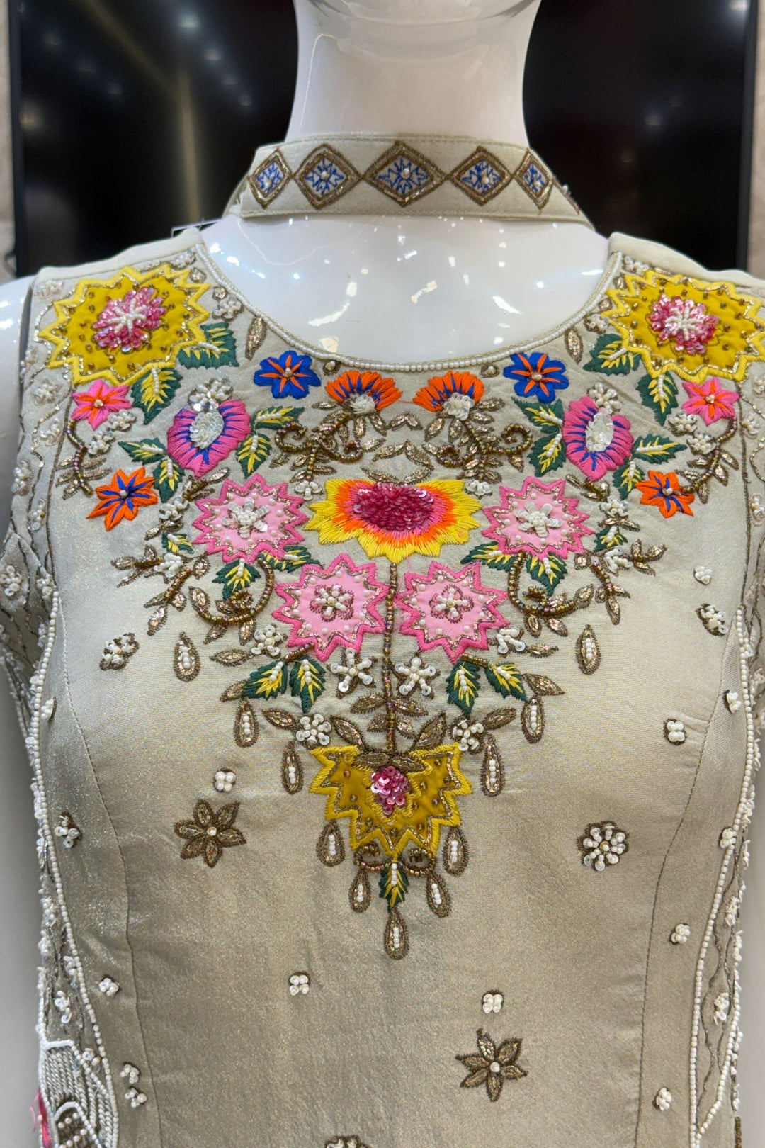 Designer Palazzo Set with Multicolor Embroidery, Beads, Zari, Sequins and Pearl Work
