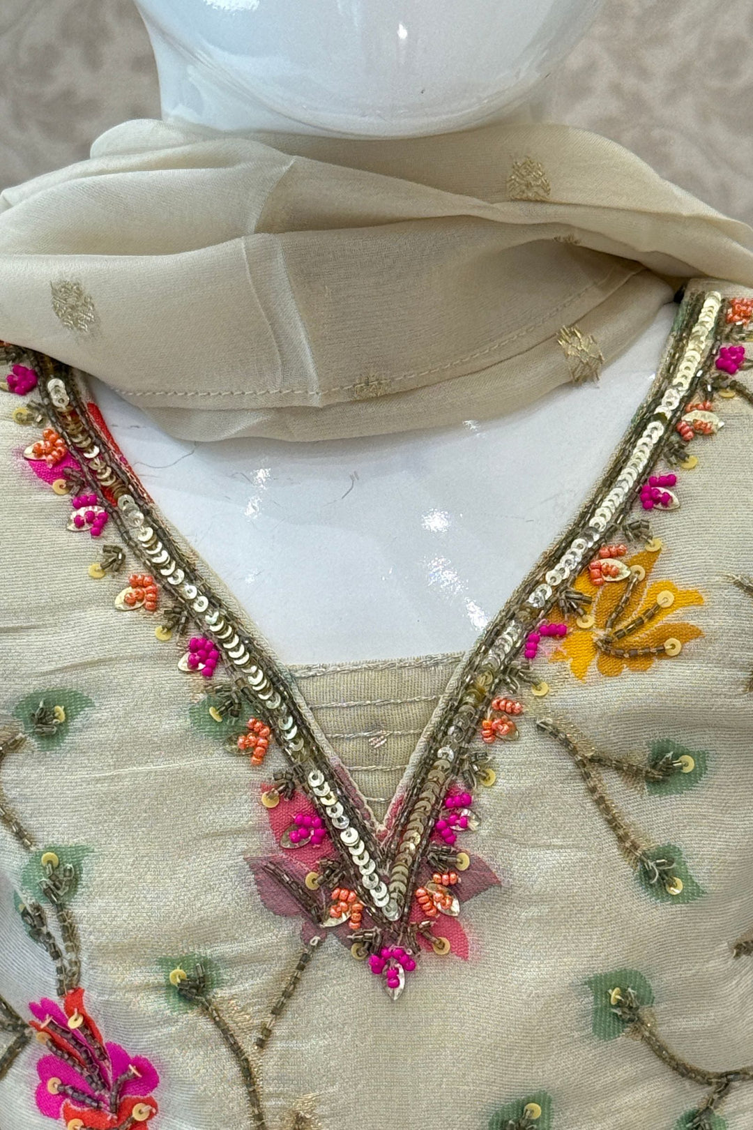 Cream Beads, Sequins, Mirror and Embroidery work Lehenga Choli for Girls