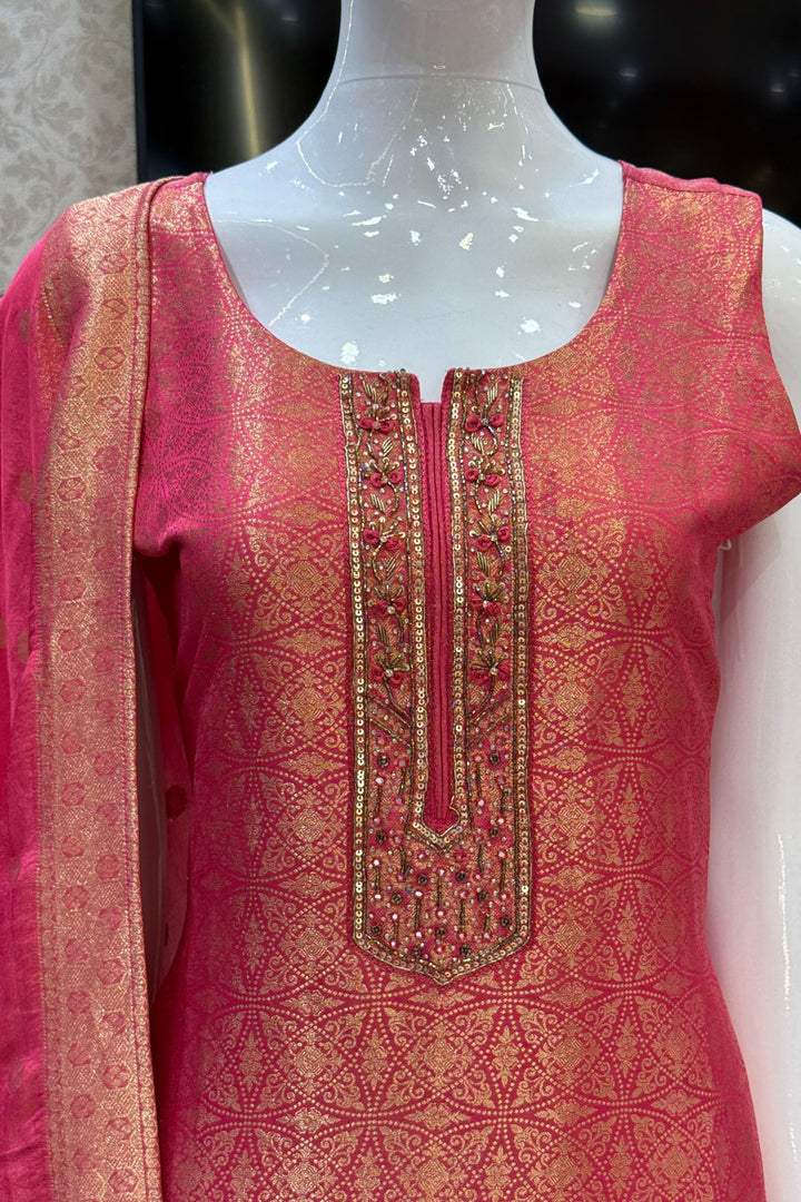 Pink Zardozi, Stone, Beads, Sequins and Brocade work Straight Cut Salwar Suit