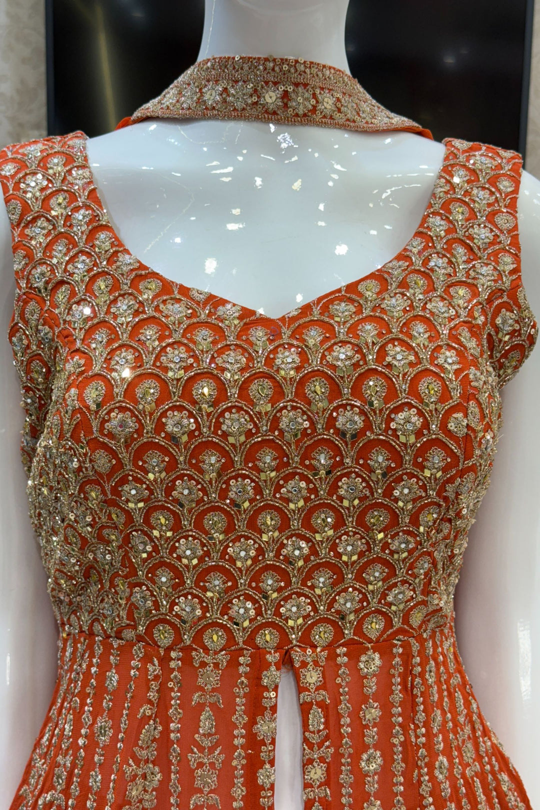 Orange Sequins, Zari, Mirror, Stone and Beads work Palazzo Salwar Suit