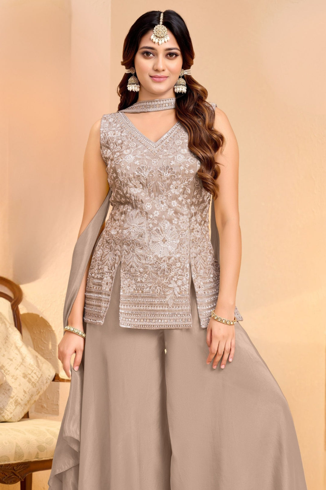 Beige Palazzo Salwar Suit with Embroidery, Beads and Sequins Detailing