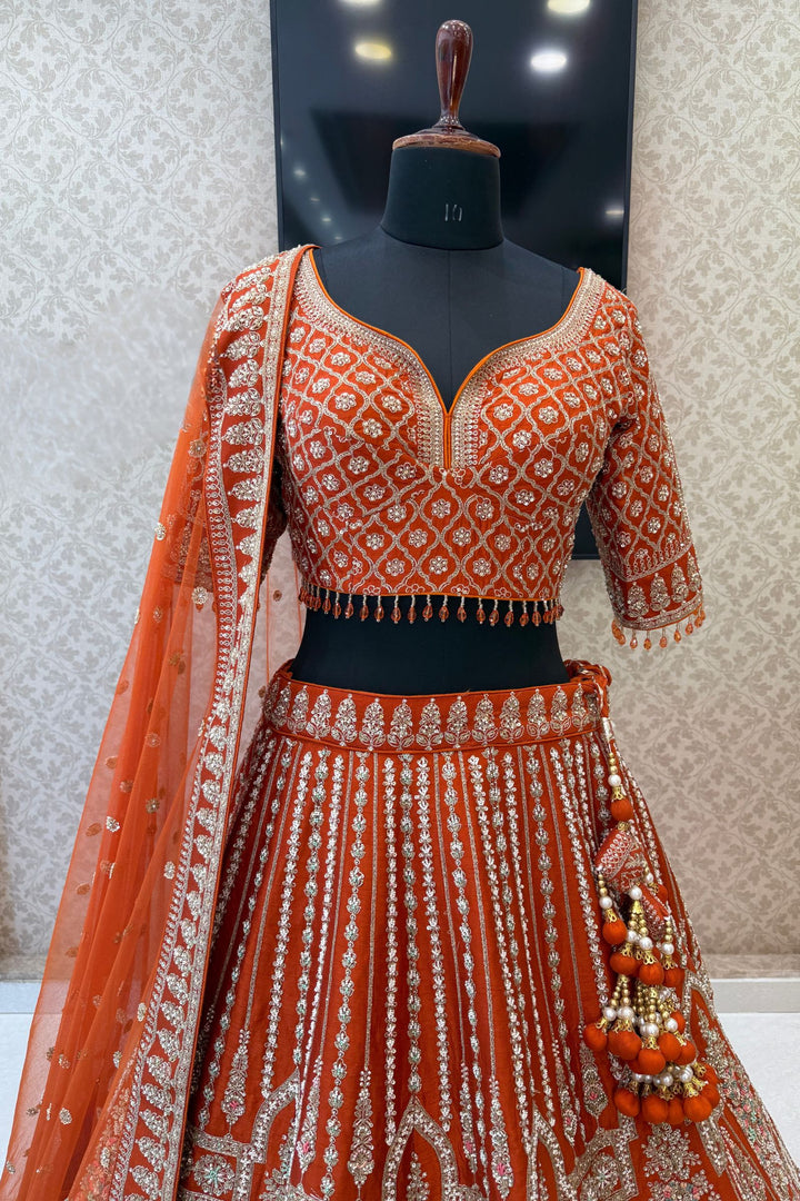 Rust Handworked Zardozi, Sequins, Pearl and Beads work Crop Top Designer Bridal Lehenga