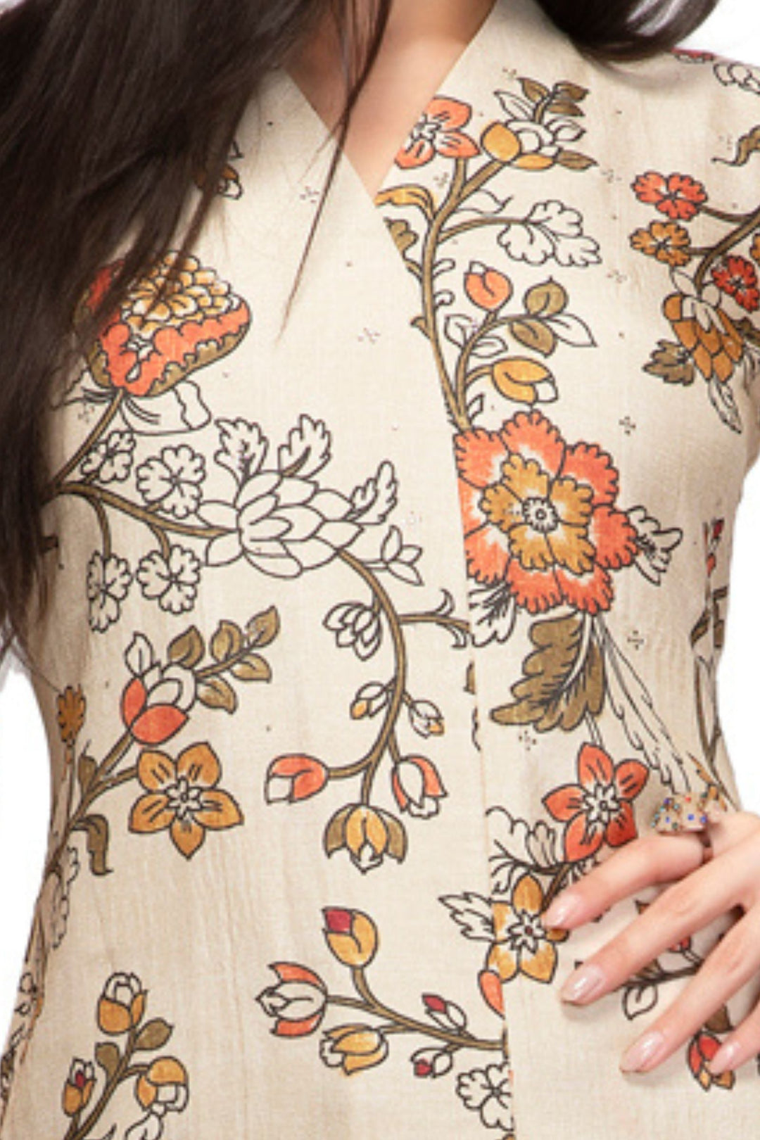 Beige Stone work with Floral Print A-line Cut Calf Length Kurti