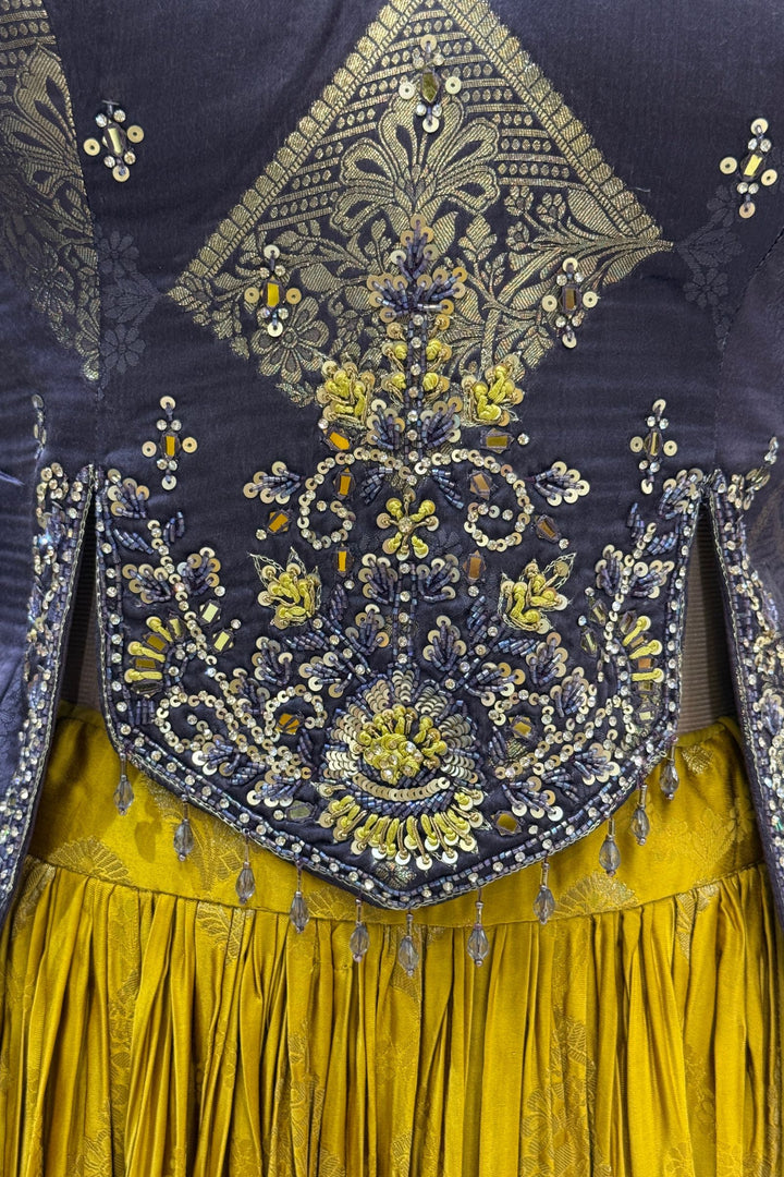 Dark Grey with Mustard Banaras, Mirror, Stone and Zari work Peplum Style Lehenga
