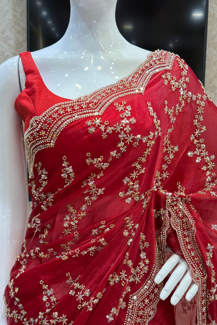 Red Saree with Intricate Zari, Sequin and Beads work