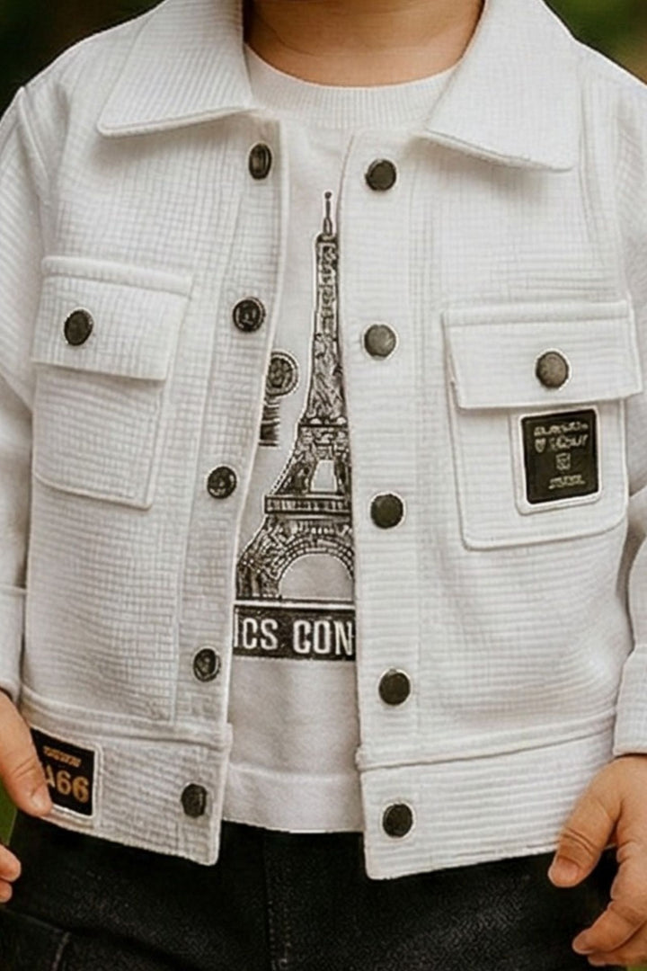 White Printed T-Shirt, Blazer and Black Pant Set for Boys