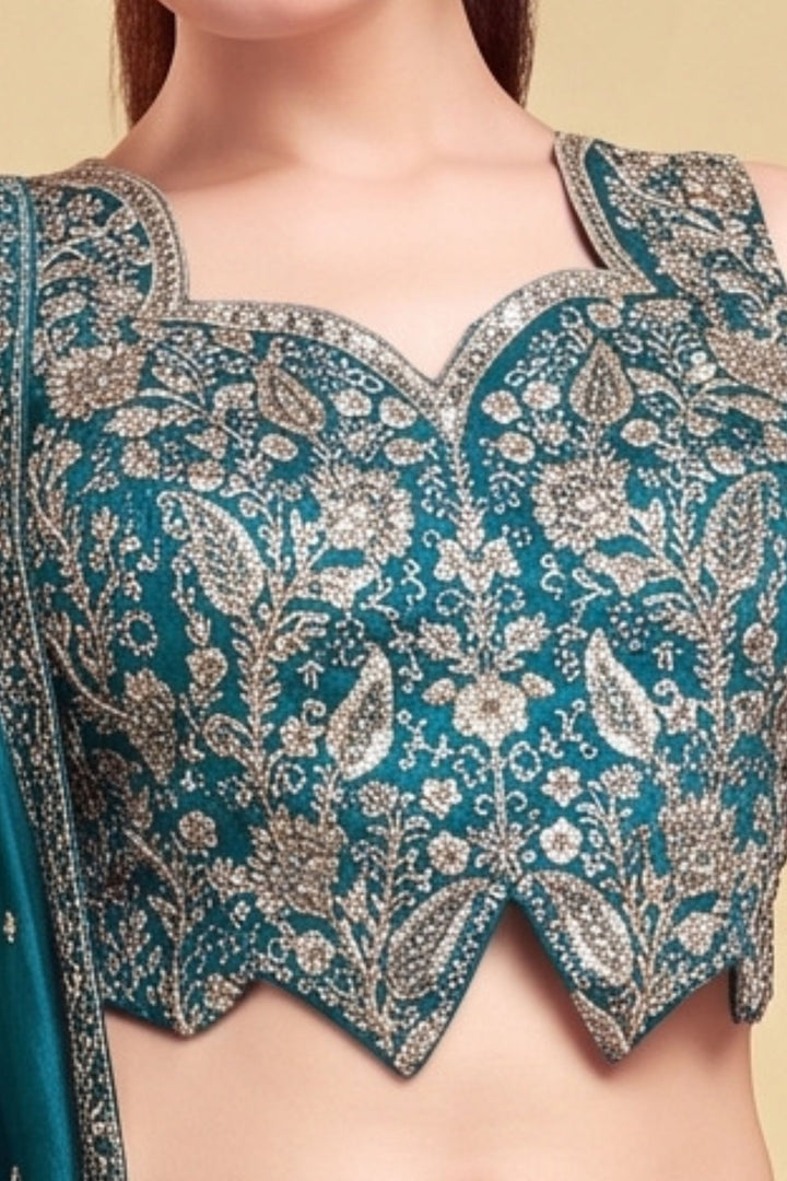 Teal Blue Zari Thread, Beads and Sequins work Lehenga