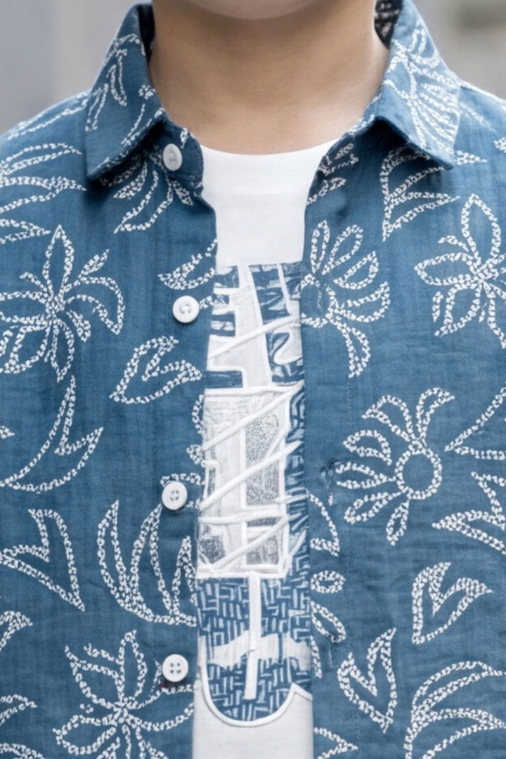 Blue with White Printed Boys Co-Ord Set
