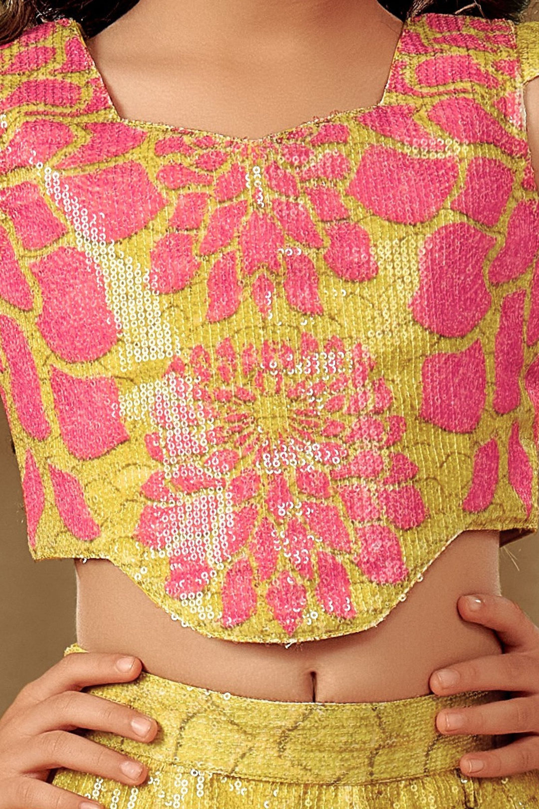 Yellow with Pink Digital Print, Sequins and Thread work Lehenga Choli for Girls