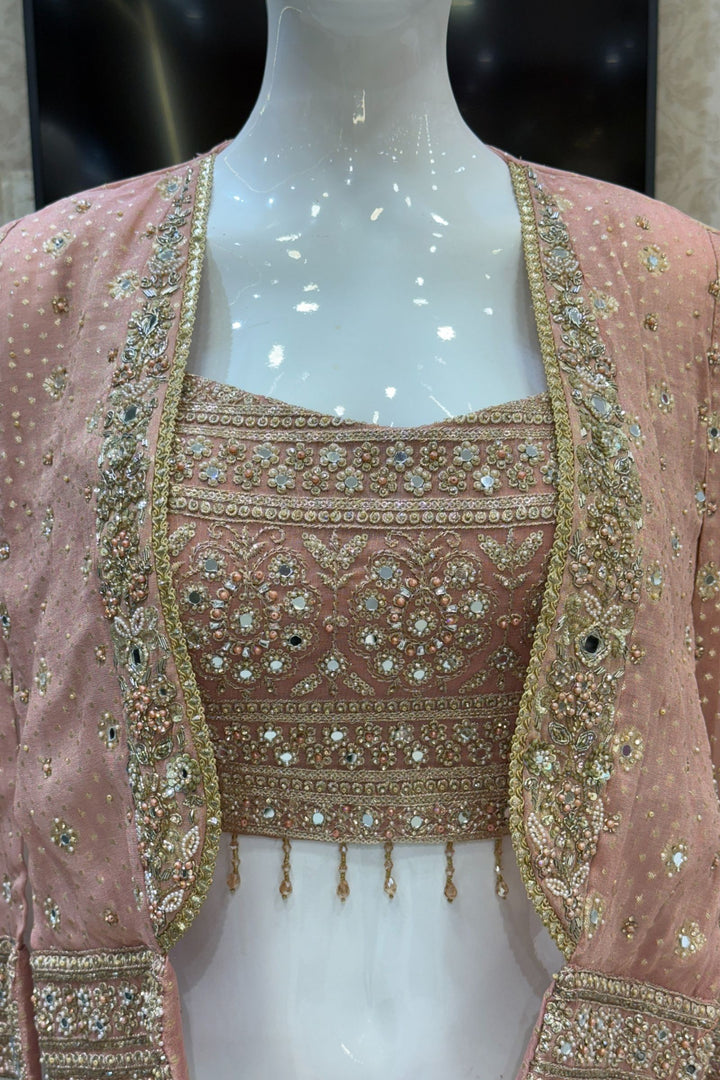 Peach Stone, Zari and Sequins work Crop Top with Overcoat Styled Palazzo Suit Set