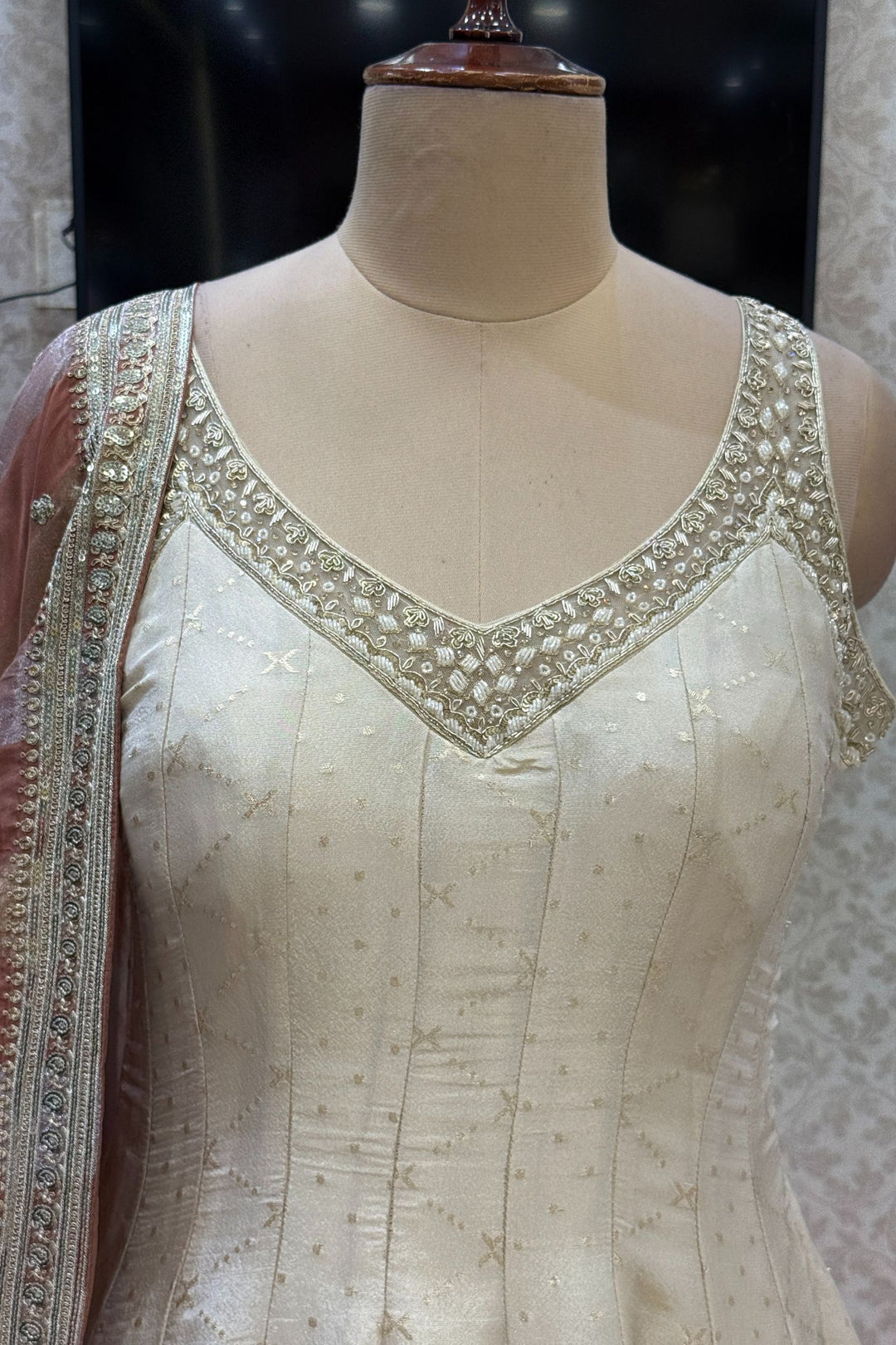 Beige Zari, Beads, Zardozi and Stone work Floor Length Anarkali Suit