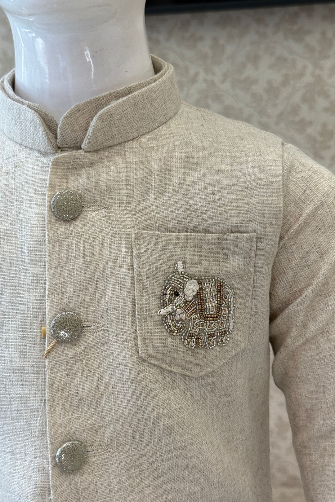 Beige Beads work Waist Coat Kurta Set for Boys
