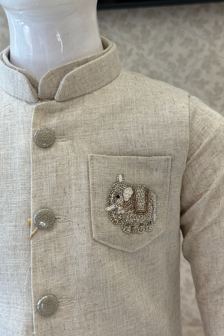 Beige Beads work Waist Coat Kurta Set for Boys