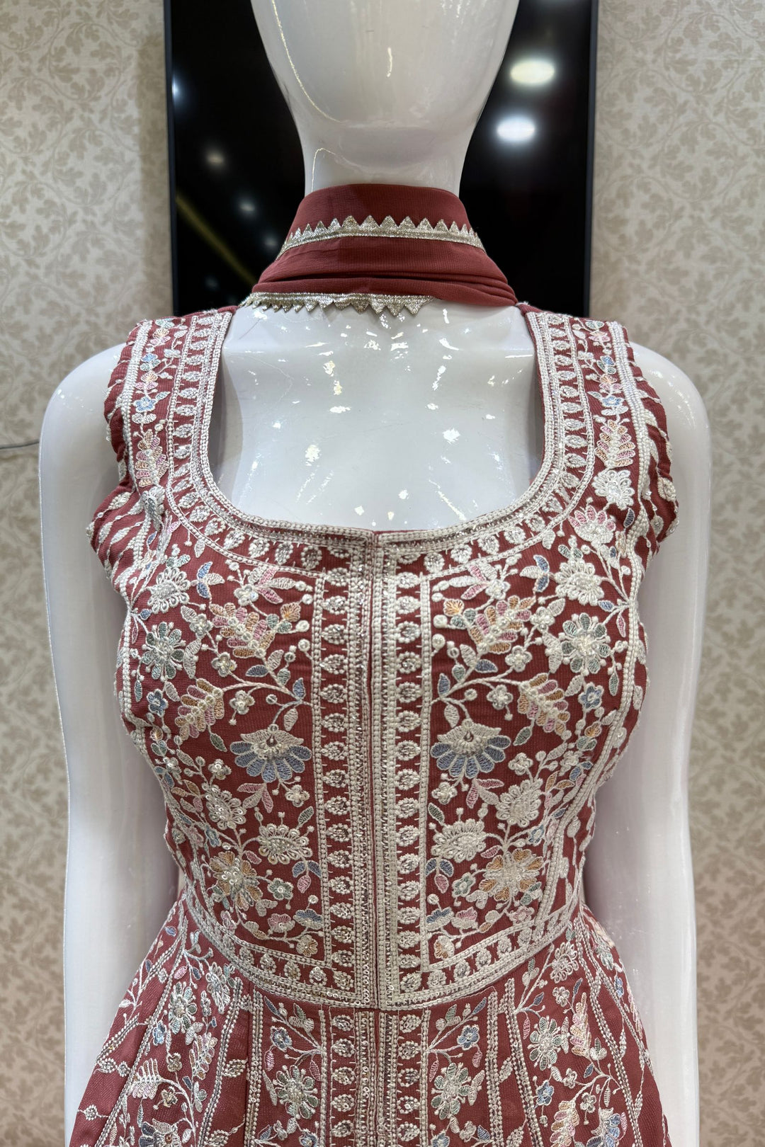 Brick Red Multicolor Embroidery and Sequins work Peplum Top with Palazzo Suit Set