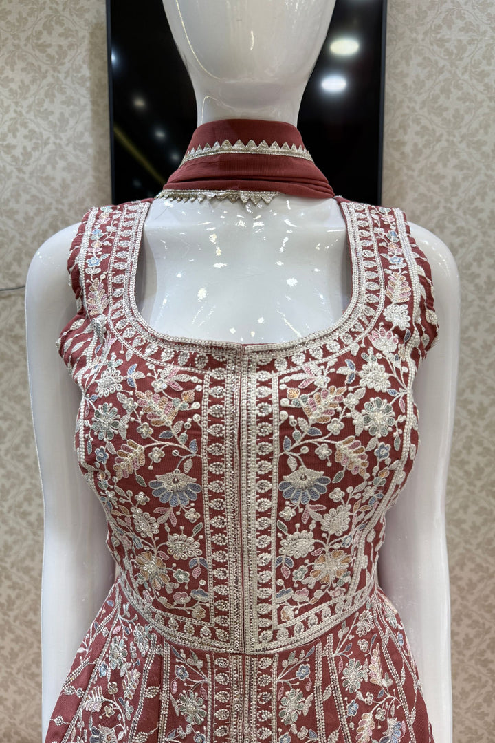 Brick Red Multicolor Embroidery and Sequins work Peplum Top with Palazzo Suit Set