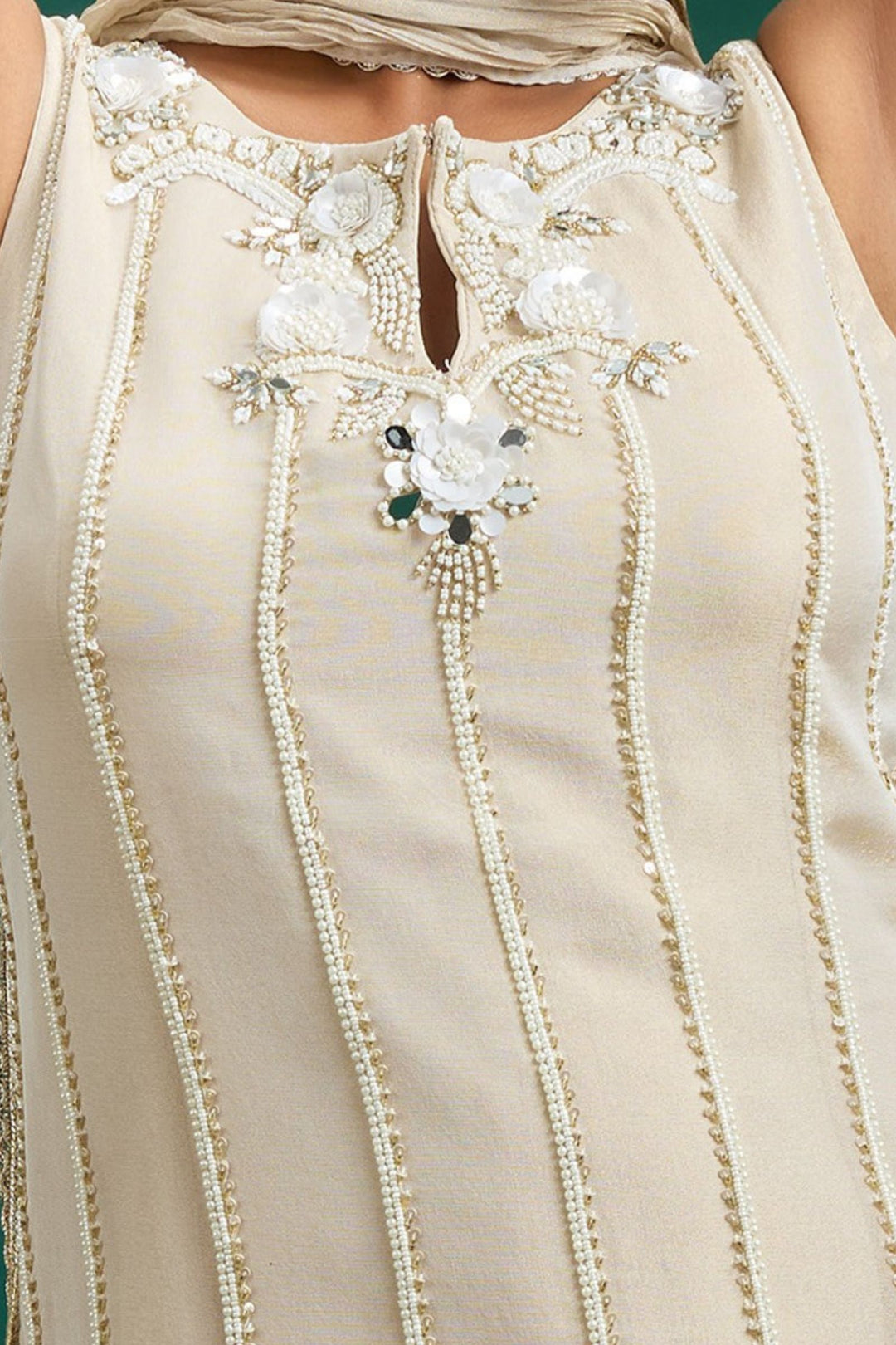 Beige Palazzo Set Featuring All-Over Pearl, Beads, Sequins and Mirror