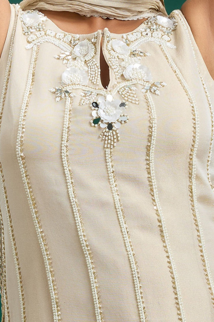 Beige Palazzo Set Featuring All-Over Pearl, Beads, Sequins and Mirror