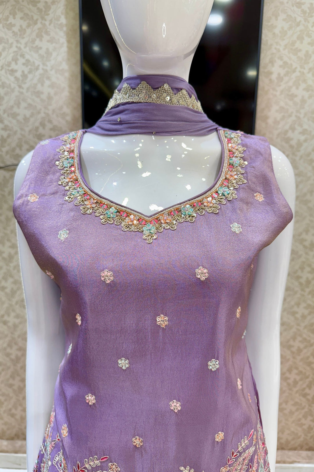 Lavender Thread, Beads, Sequins, Zardozi and Mirror work Palazzo Salwar Suit