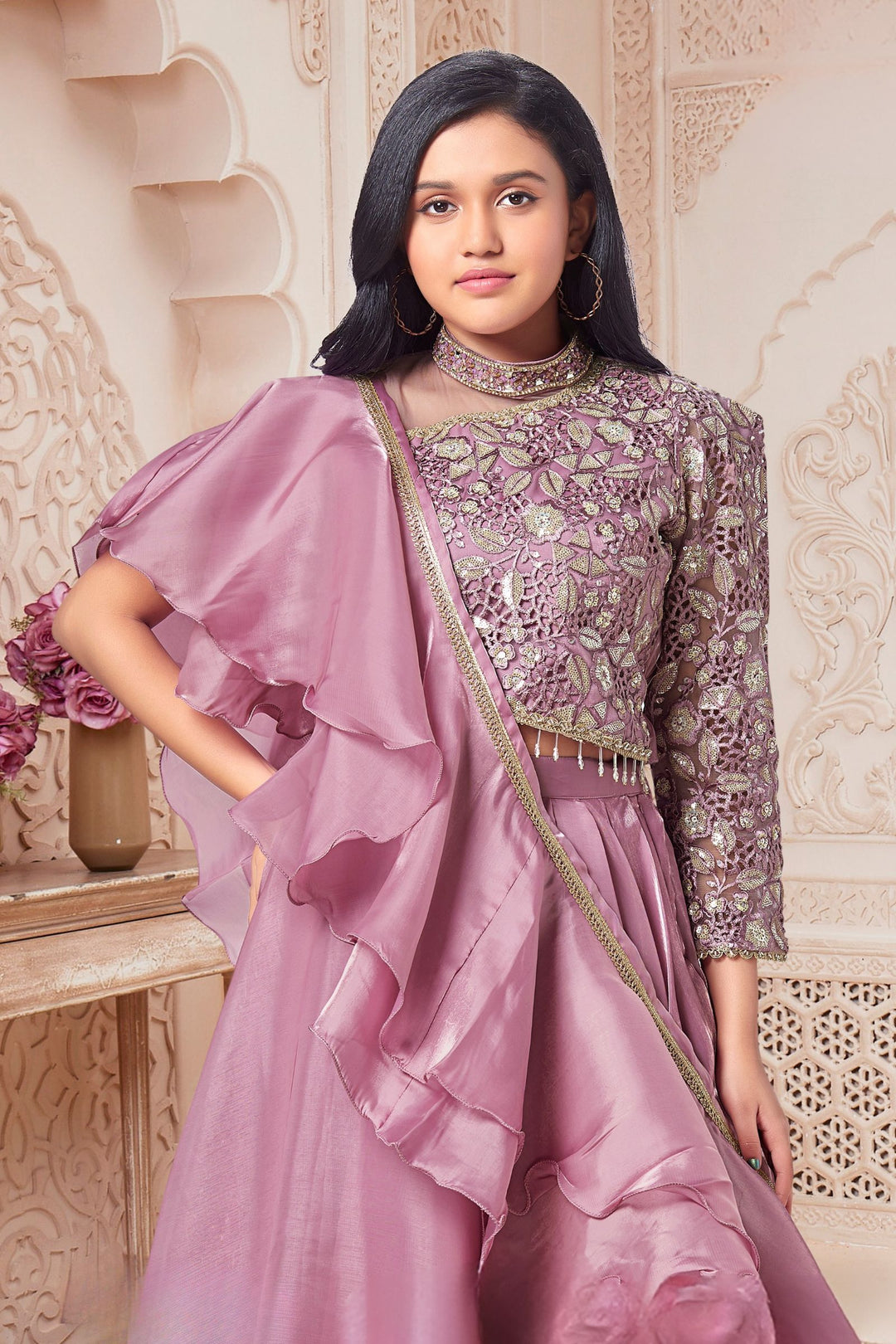 Lavender Embroidery, Sequins, Beads, Mirror, Zari and Stone work Lehenga Choli for Girls