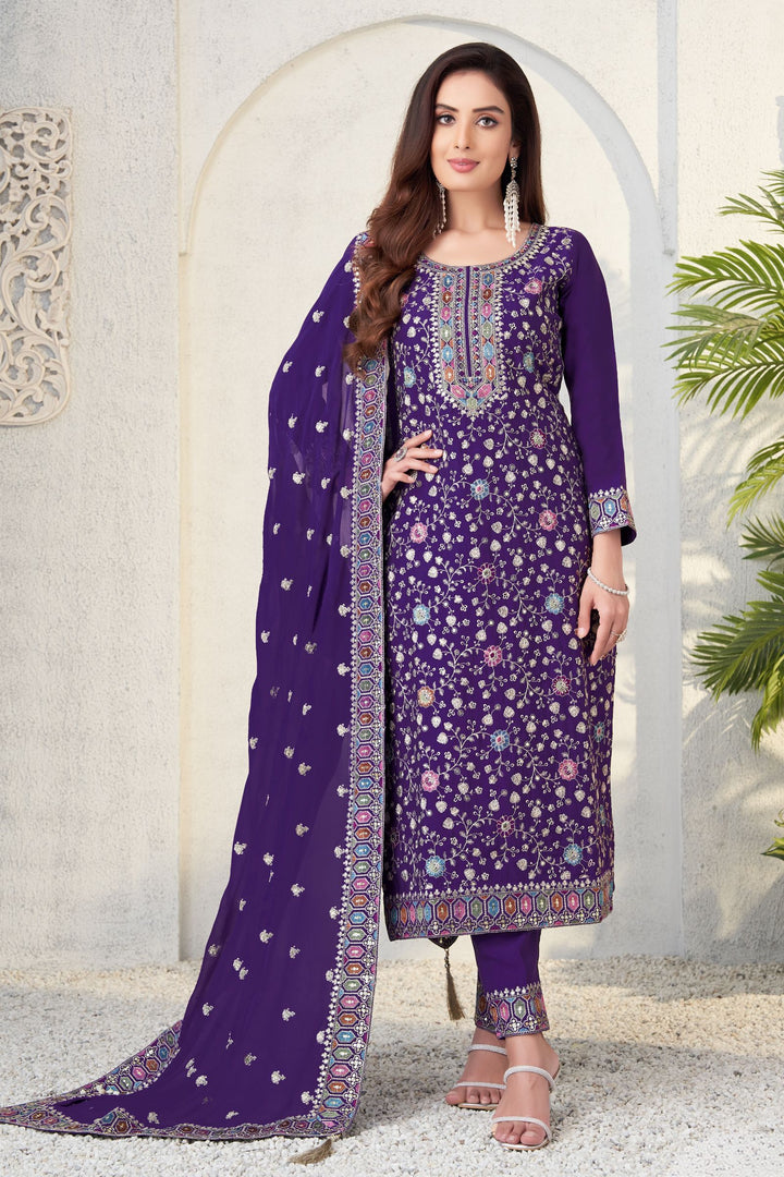 Purple Multicolor Thread, Zari and Sequins work Straight Cut Salwar Suit