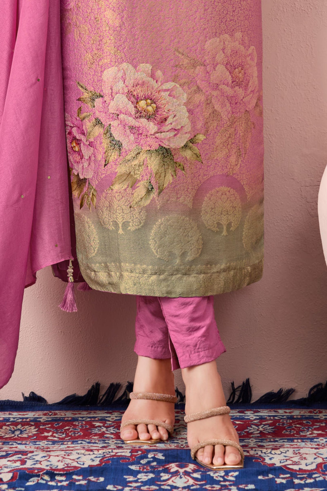 Lotus Pink Brocade, Zardozi, Stone and Zari work with Floral Print Straight Cut Salwar Suit